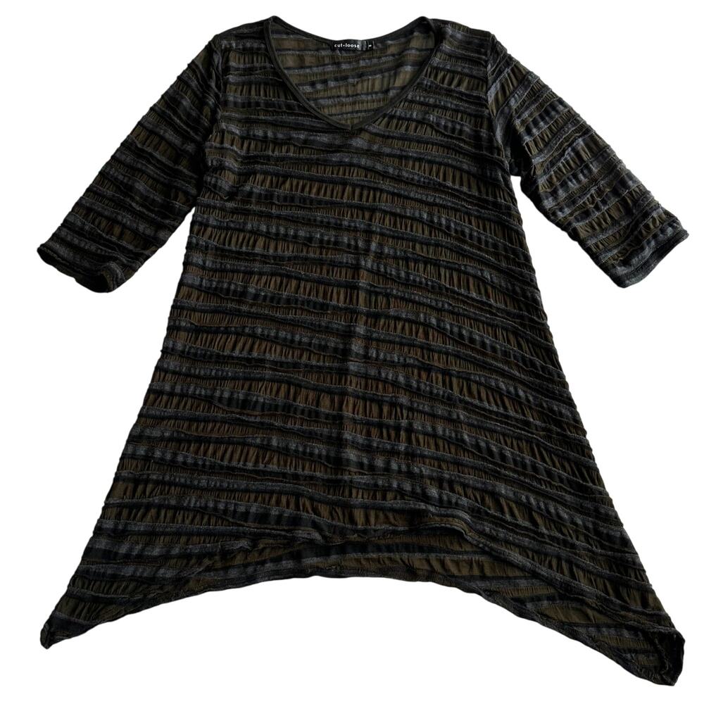 Cut‎ Loose Lagenlook Art to Wear Asymmetric V Neck Olive Gray Tunic Shirt S